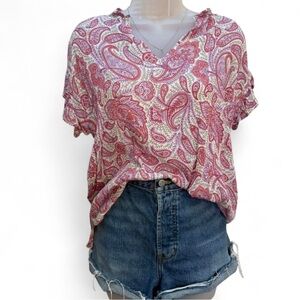 J. Jill Pink and White Paisley V-Neck Blouse